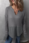 Miriam Waffle-Knit Exposed Seam Notched Long Sleeve Top