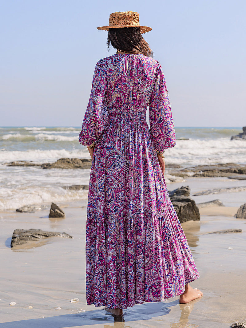 Michaela Printed Tie Neck Balloon Sleeve Maxi Dress