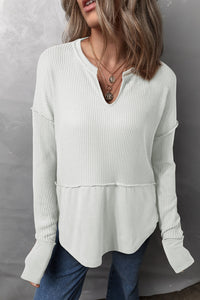 Miriam Waffle-Knit Exposed Seam Notched Long Sleeve Top