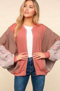 Flora Zip Up Color Block Bomber Jacket with Side Pockets