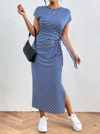 Salma Tied Striped Round Neck Short Sleeve Tee Dress