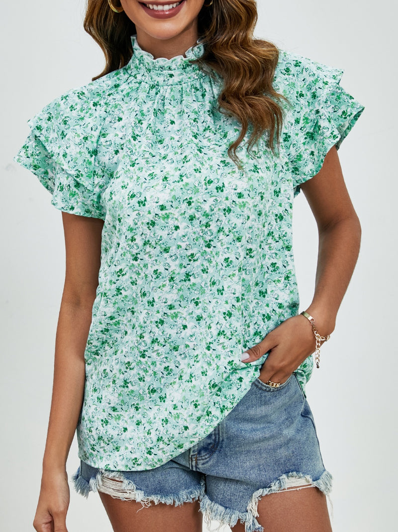 Journey Ditsy Floral Mock Neck Flounce Sleeve Blouse