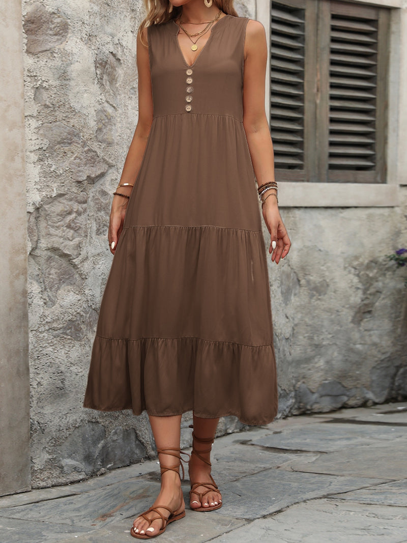 Dani Decorative Button Notched Sleeveless Dress