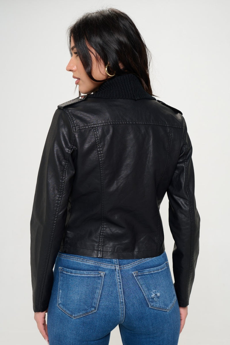 Journey Knit Collared Faux Leather Crop Jacket