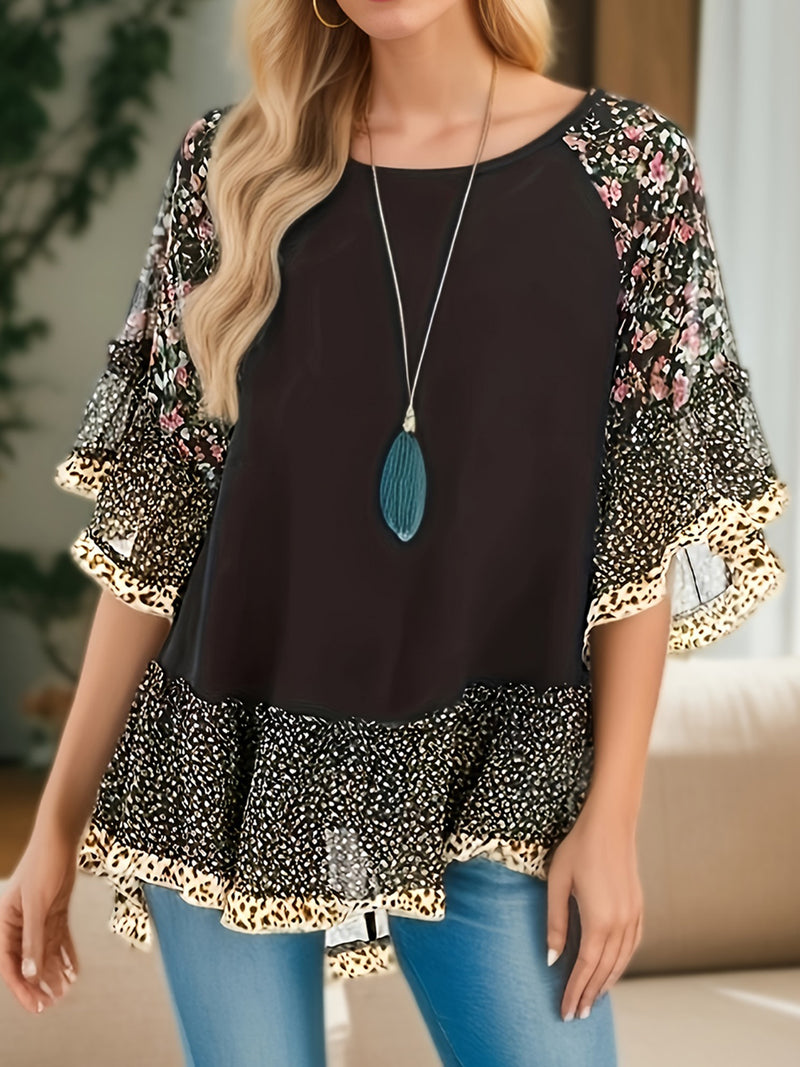 Rosalie Frill Printed Round Neck Half Sleeve Blouse