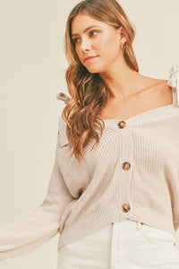 Oaklee Off Shoulder Self Tie Strap Button Down Sweater