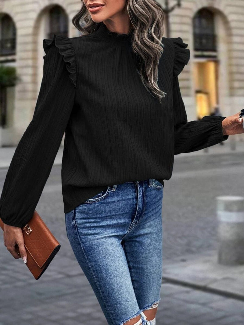 Sarah Mock Neck Ruffle Shoulder Blouse