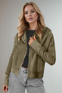 Miley Waffle-Knit Zip Up Long Sleeve Hooded Jacket