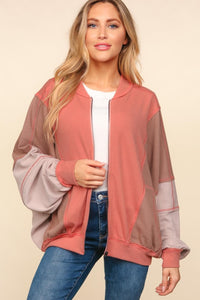 Flora Zip Up Color Block Bomber Jacket with Side Pockets