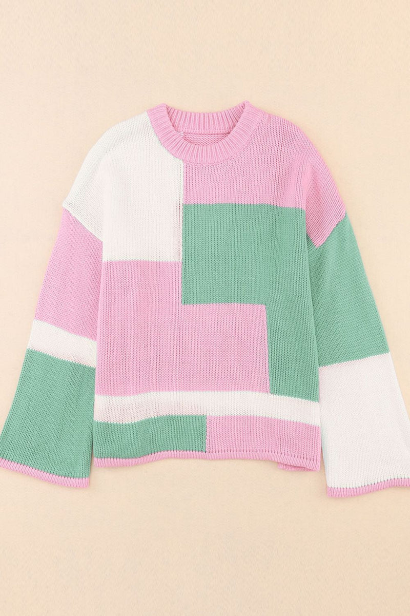 Nova Color Block Round Neck Drop Shoulder Sweater