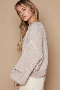 Izabella Round Neck Heart Patch Zipper Point Sleeve Sweater