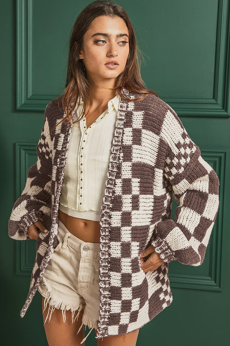 Avery Checkered Open Front Long Sleeve Cardigan