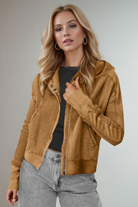 Miley Waffle-Knit Zip Up Long Sleeve Hooded Jacket