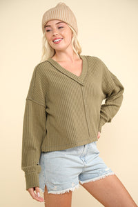 Florence Exposed Seam V-Neck Ribbed Knit Top