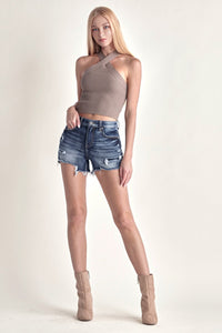 Regina Mid Rise Raw Hem Denim Shorts