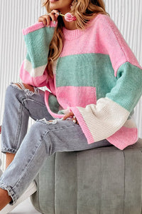 Nova Color Block Round Neck Drop Shoulder Sweater