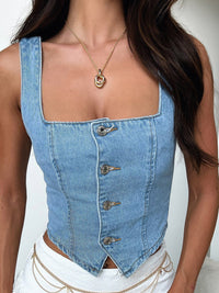 Elena Smocked Square Neck Denim Top