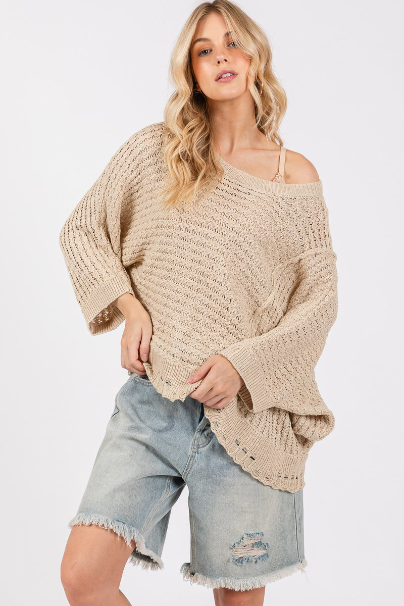 Noor Distressed Asymmetrical Open Stitch Sweater