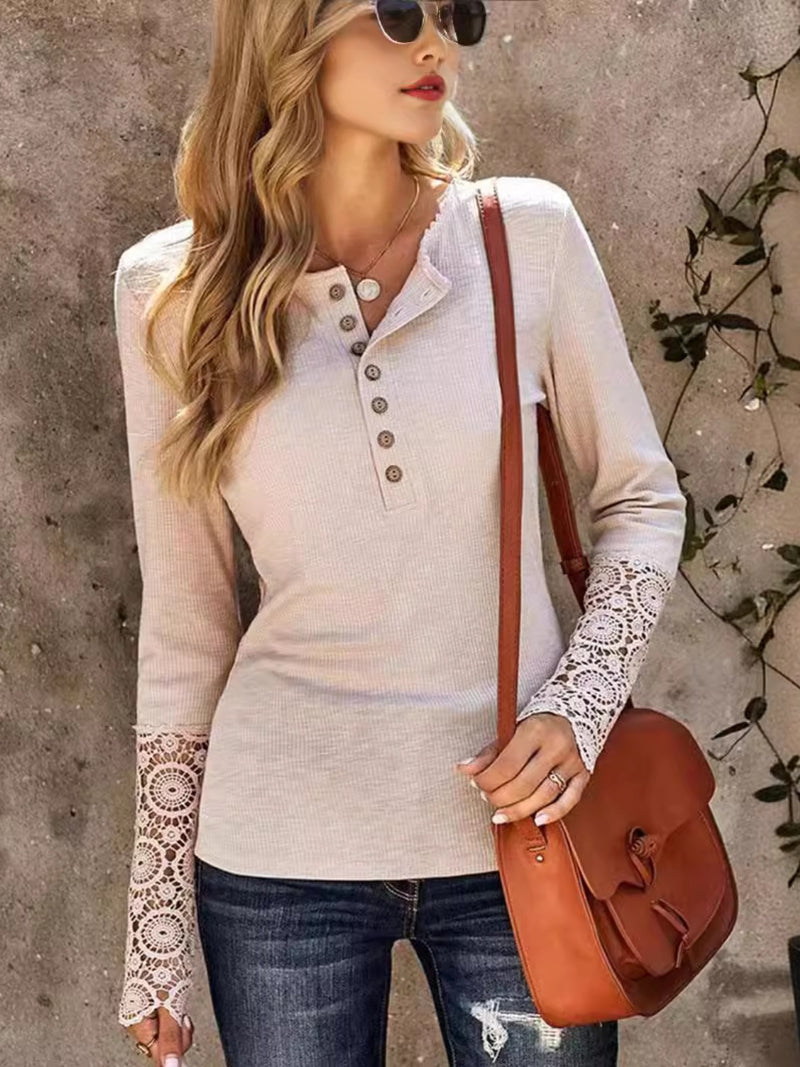 Armani Lace Detail Half Button Round Neck Long Sleeve T-Shirt