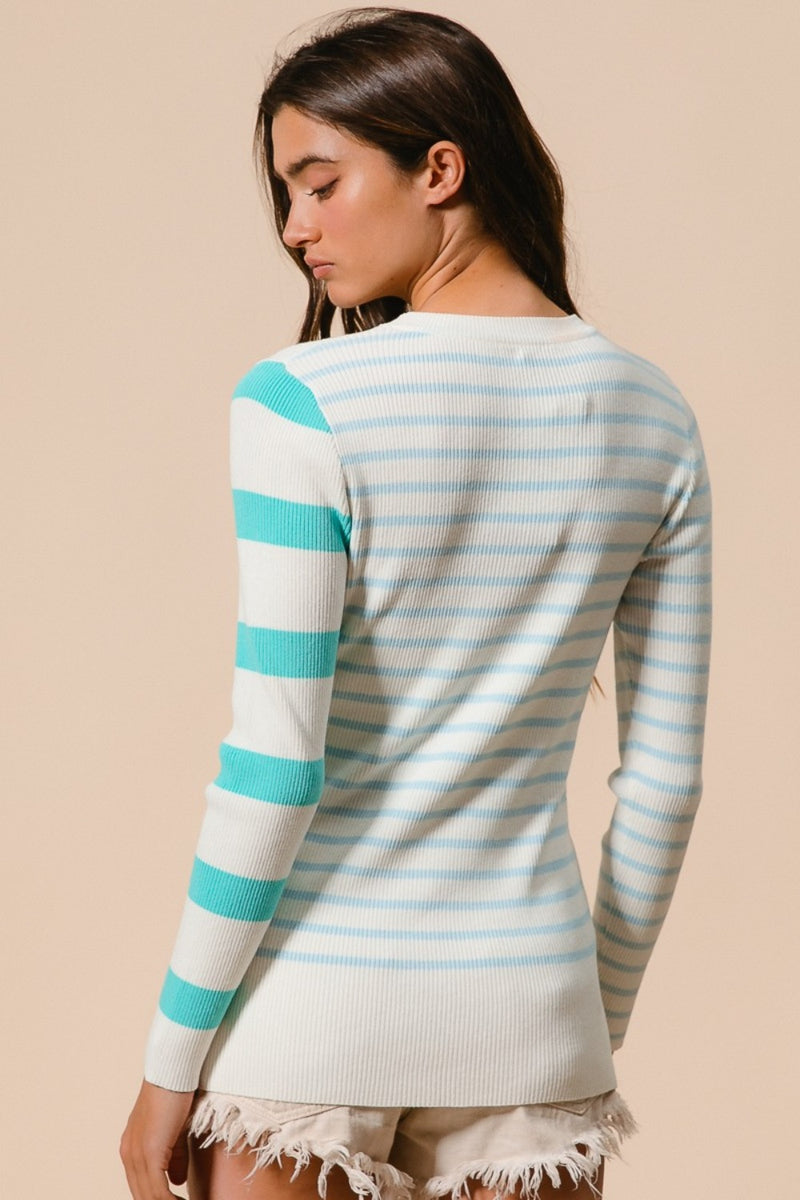 Kayleigh Contrast Striped Asymmetrical Hem Knit Top