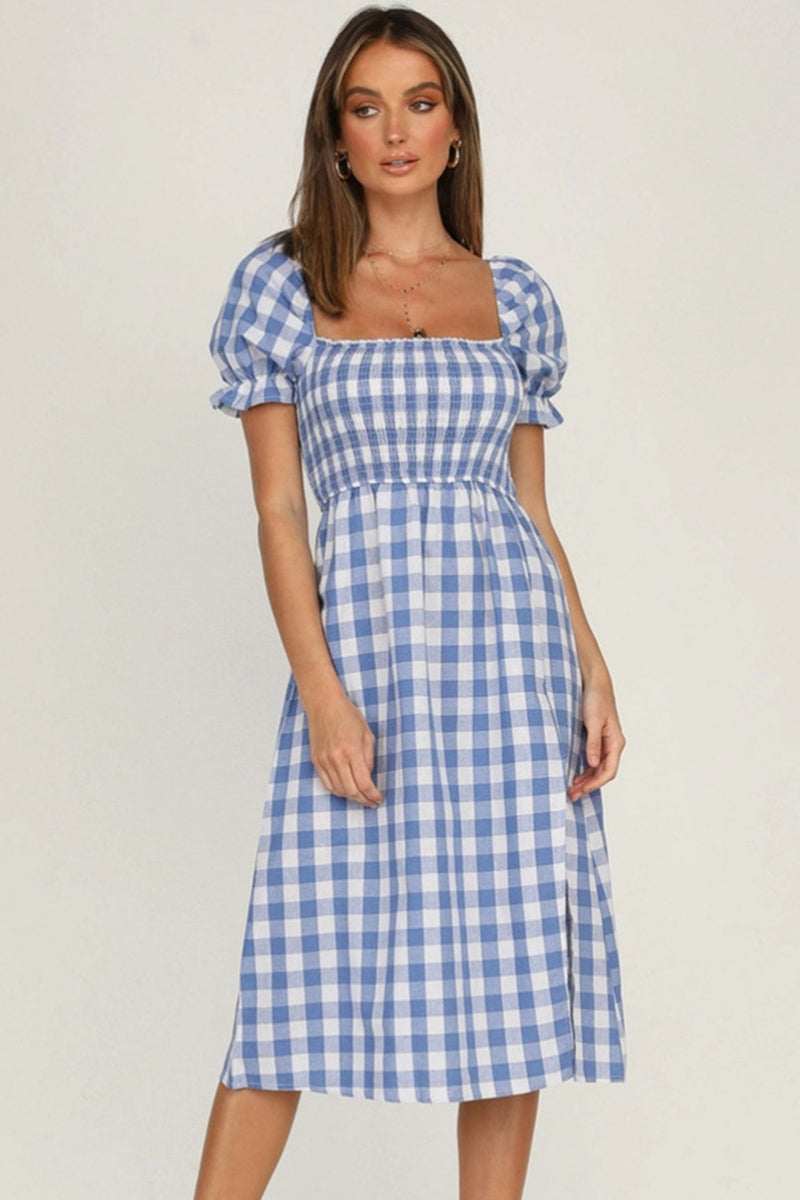 Lilyana Slit Plaid Short Sleeve Midi Dress