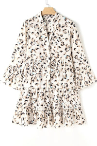 Rosalyn Leopard Notched Long Sleeve Tiered Dress