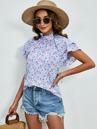 Journey Ditsy Floral Mock Neck Flounce Sleeve Blouse