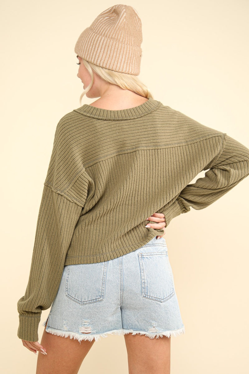 Florence Exposed Seam V-Neck Ribbed Knit Top