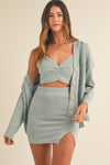 Colette 3 Pieces Sweater Set with Crop Cami, Mini Skirt, Cardigan