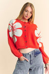 Riley Flower Contrast Round Neck Long Sleeve Cardigan