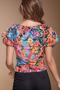 Rosa Ruched Printed V-Neck Short Sleeve Blouse