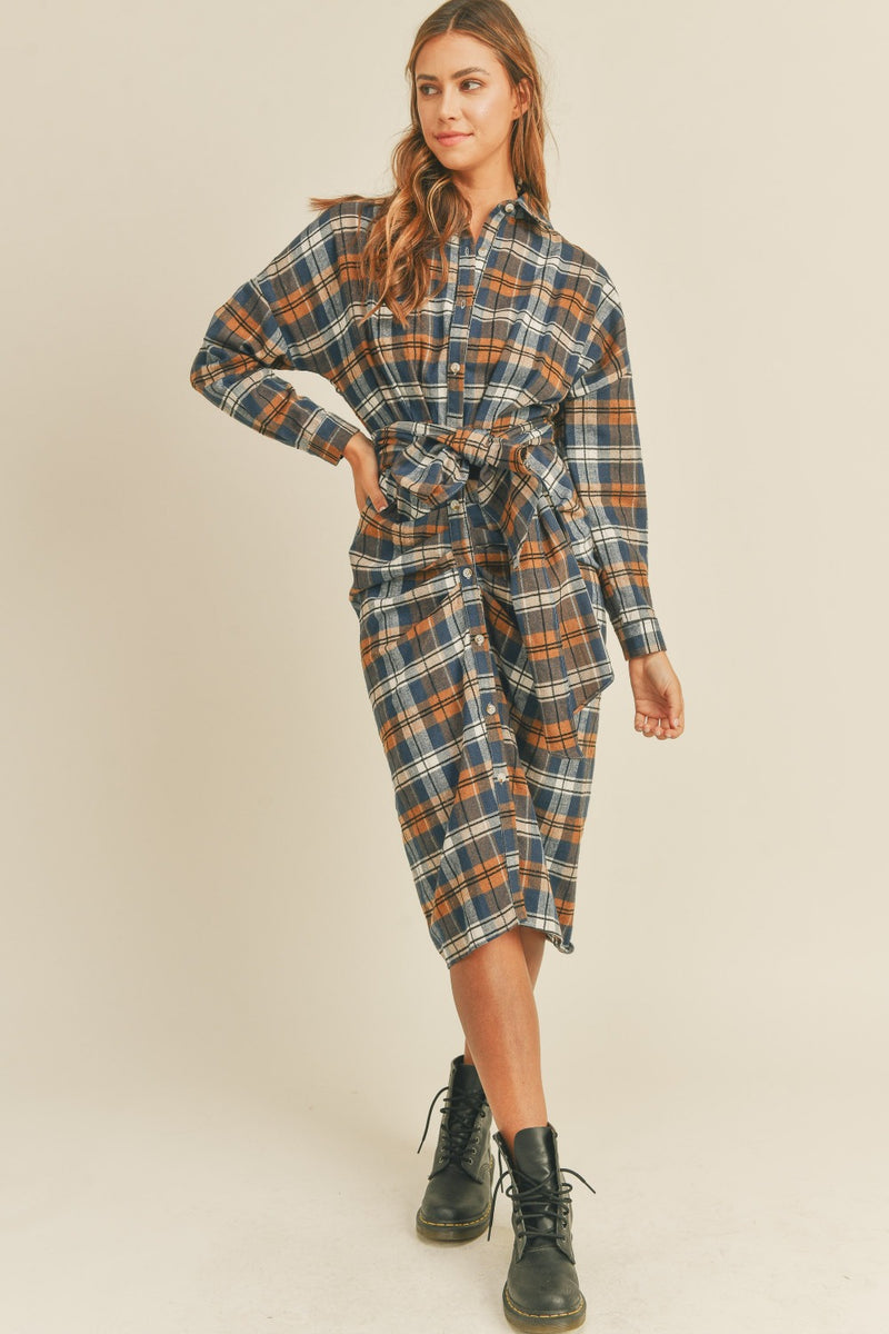 Lyric Plaid Flannel Front Tie Button Down Shirt Dress