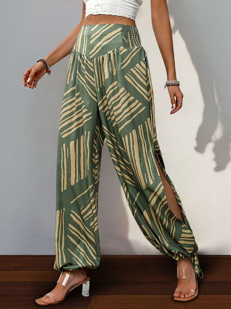 Elowyn Smocked Slit Printed High Waist Pants