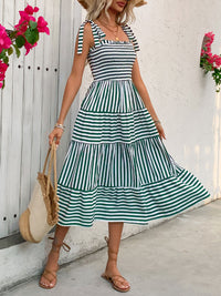 Georgina Smocked Striped Square Neck Midi Dress