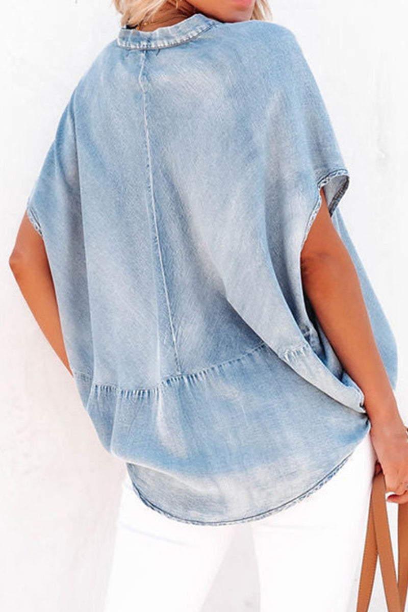 Rhea Notched Short Sleeve Denim Top