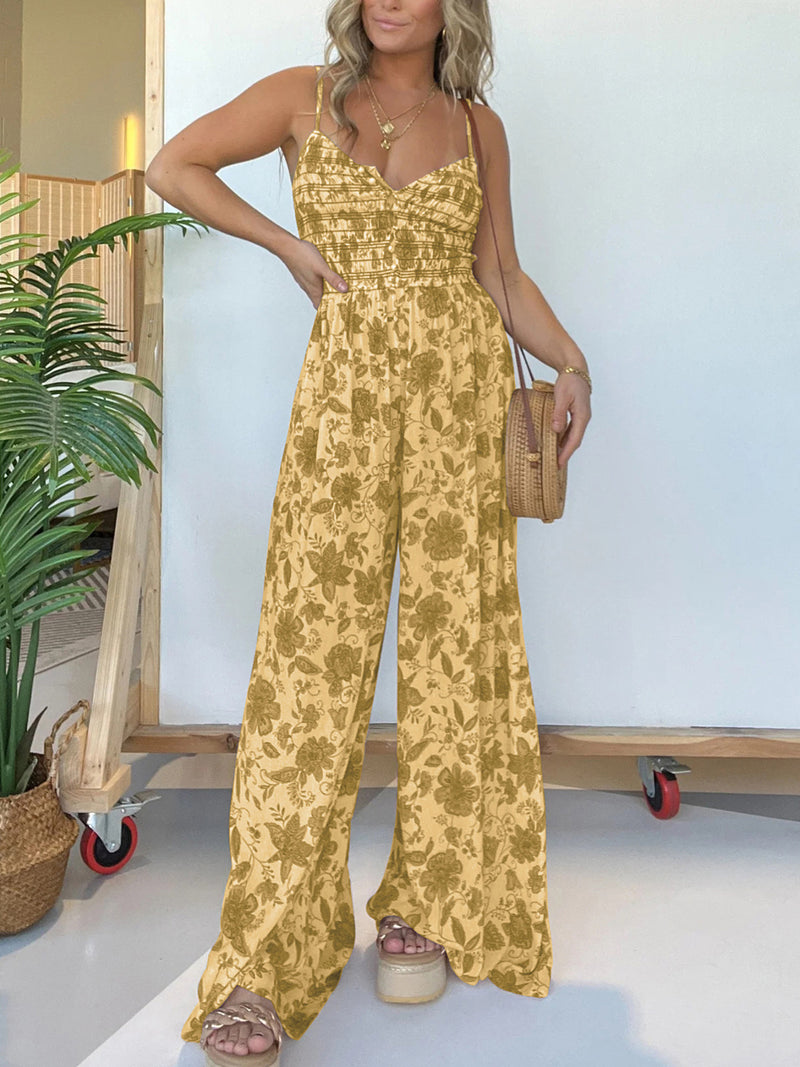 Guinevere Printed Spaghetti Strap Wide Leg Jumpsuit