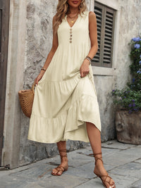 Dani Decorative Button Notched Sleeveless Dress