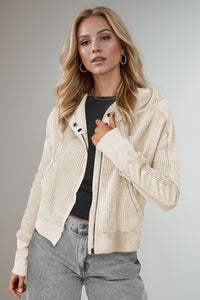 Miley Waffle-Knit Zip Up Long Sleeve Hooded Jacket