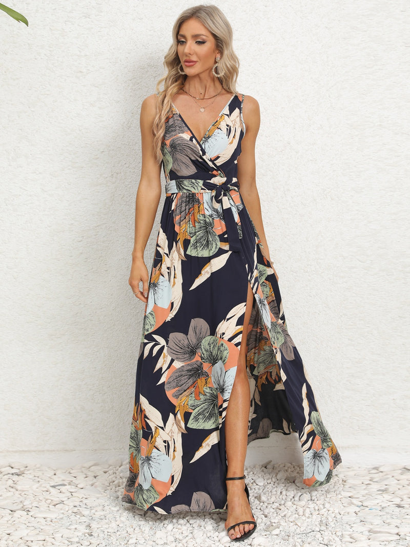 Ariyah Slit Tied Printed Surplice Dress