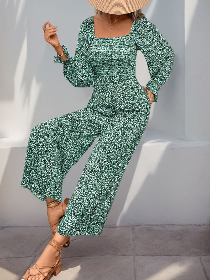 Lilian Smocked Printed Long Sleeve Wide Leg Jumpsuit