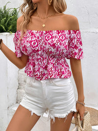 Vada Peplum Printed Off-Shoulder Short Sleeve Blouse