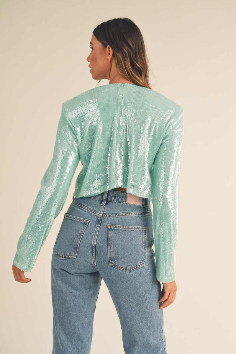 Zariah Shoulder Padded Sequin Crop Top