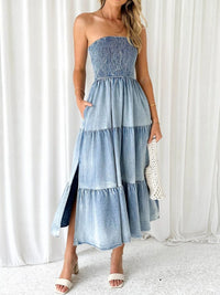 Frances Slit Smocked Tube Tiered Denim Dress