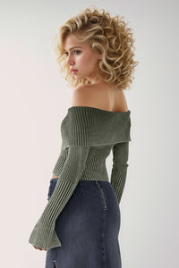 Skyler Ribbed Off-Shoulder Zip Up Long Sleeve Cardigan