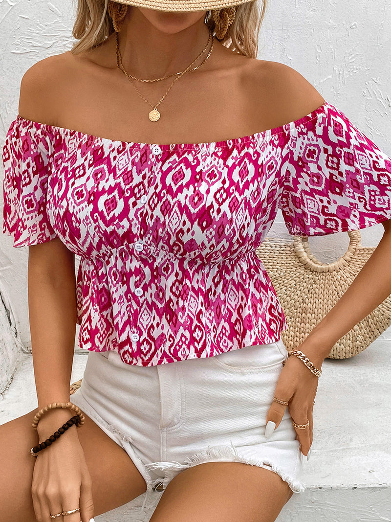 Vada Peplum Printed Off-Shoulder Short Sleeve Blouse