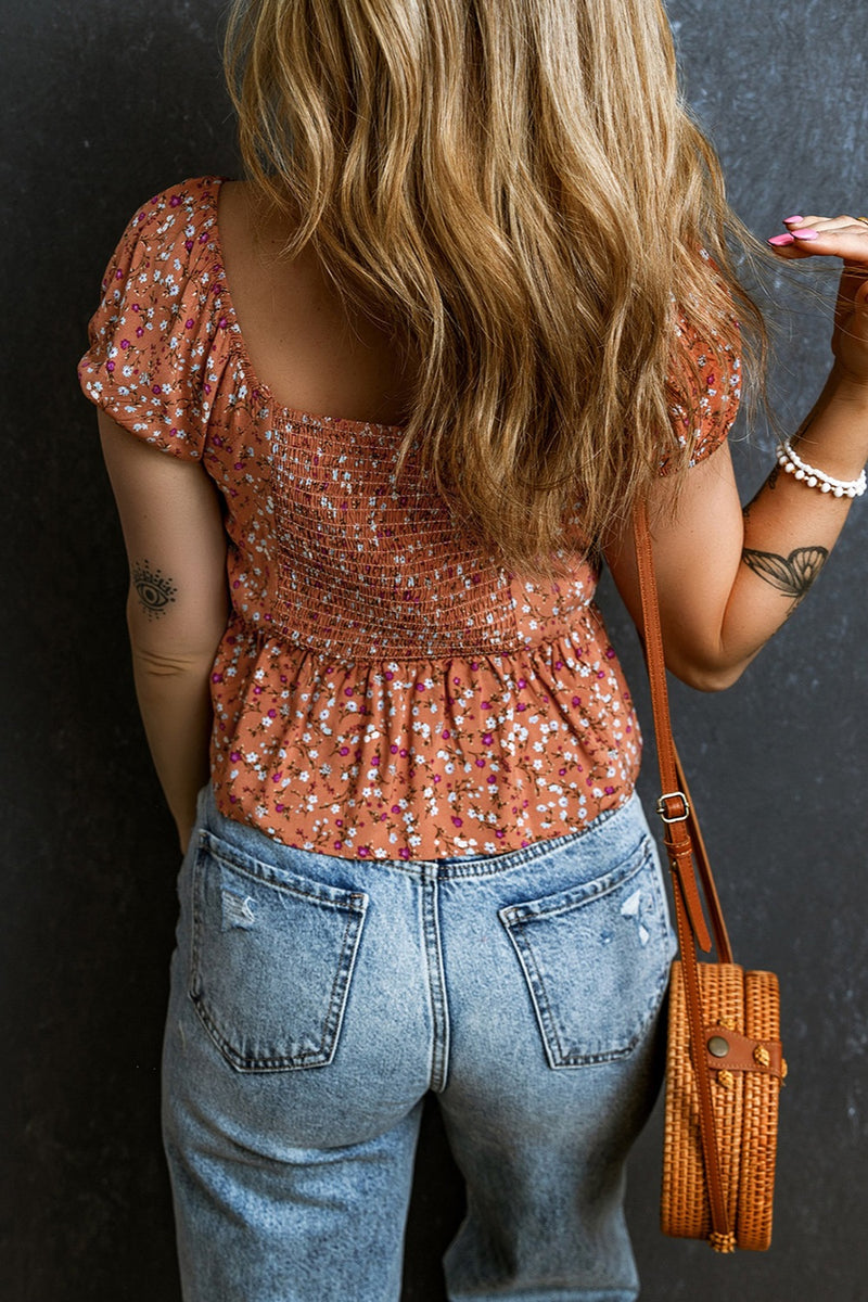 Kenna Drawstring Floral V-Neck Short Sleeve Blouse