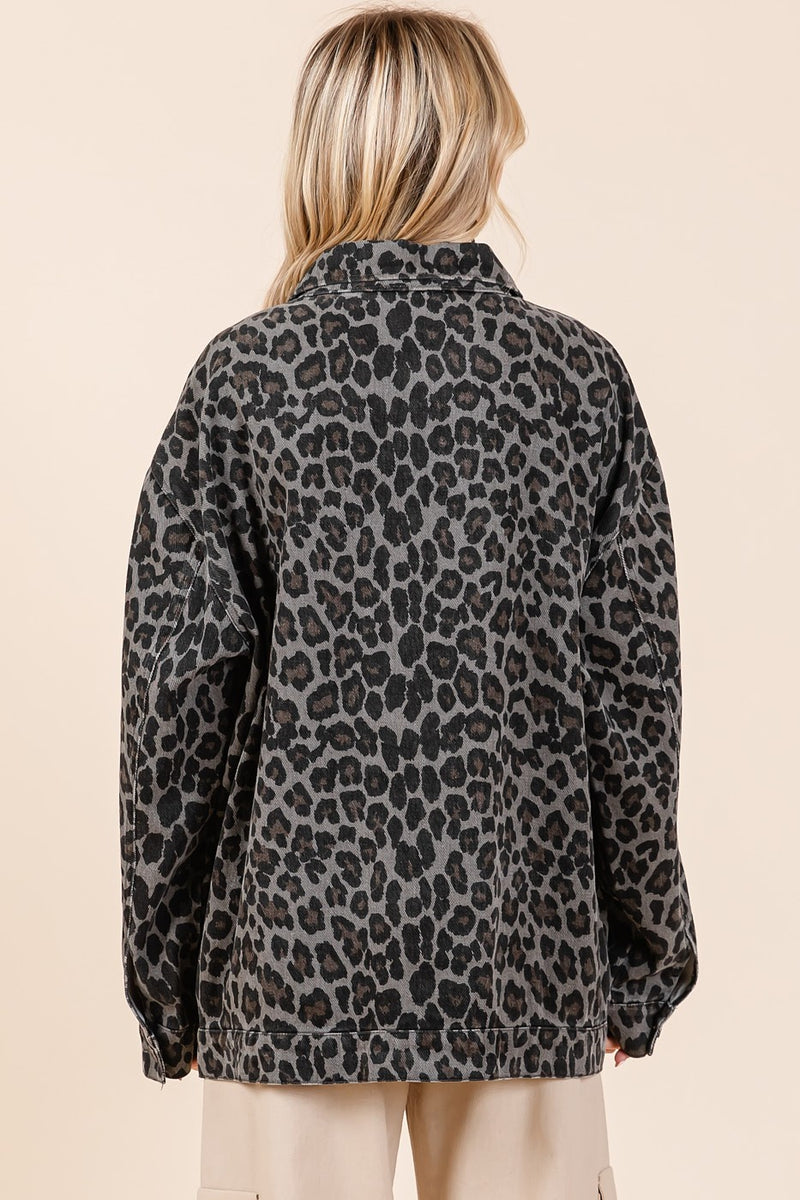 Aliyah Leopard Button Up Denim Shacket with Breast Pockets