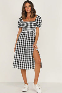 Lilyana Slit Plaid Short Sleeve Midi Dress