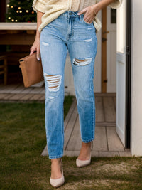 Marceline Distressed Buttoned Jeans with Pockets