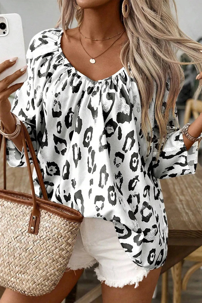 Rylie Leopard V-Neck Three-Quarter Sleeve Blouse